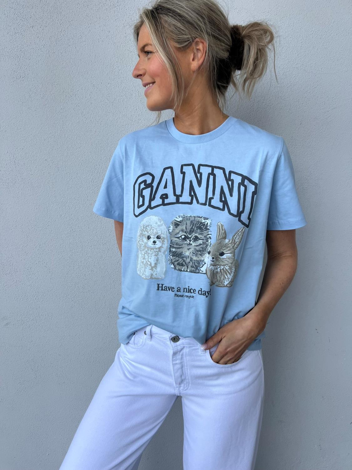 Ganni Basic cotton animals t-skjorte lyseblå