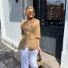 Ganni Heavy cotton tailoring 3/4 blazer camel