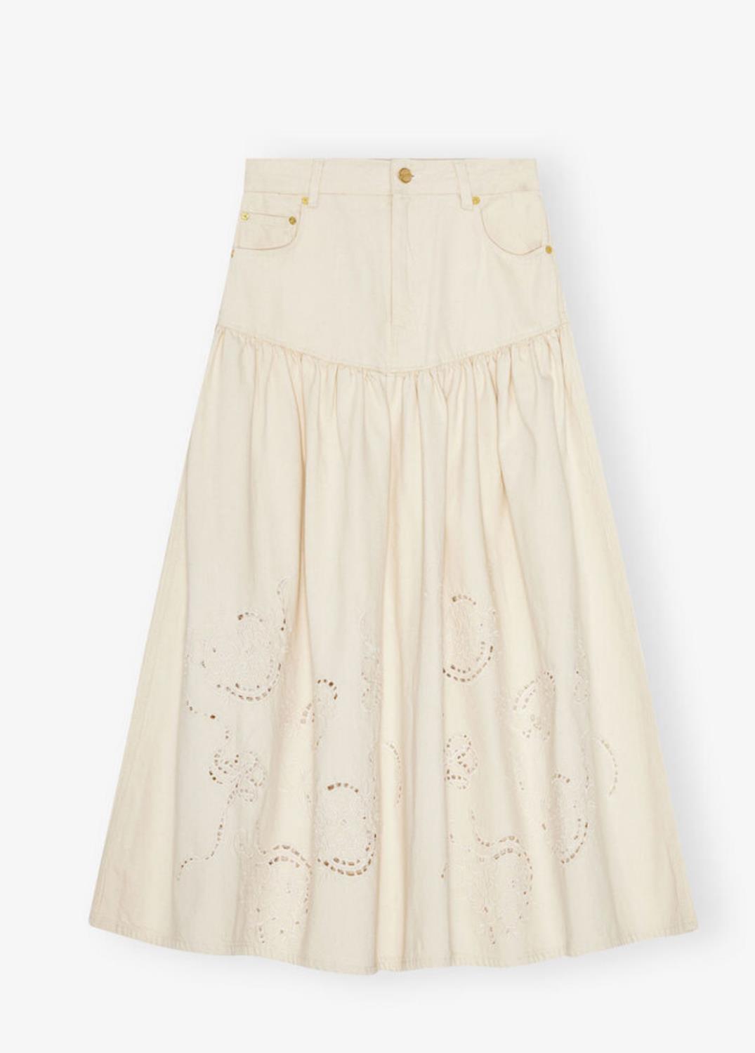 Ganni Broderie denim long skirt off-white