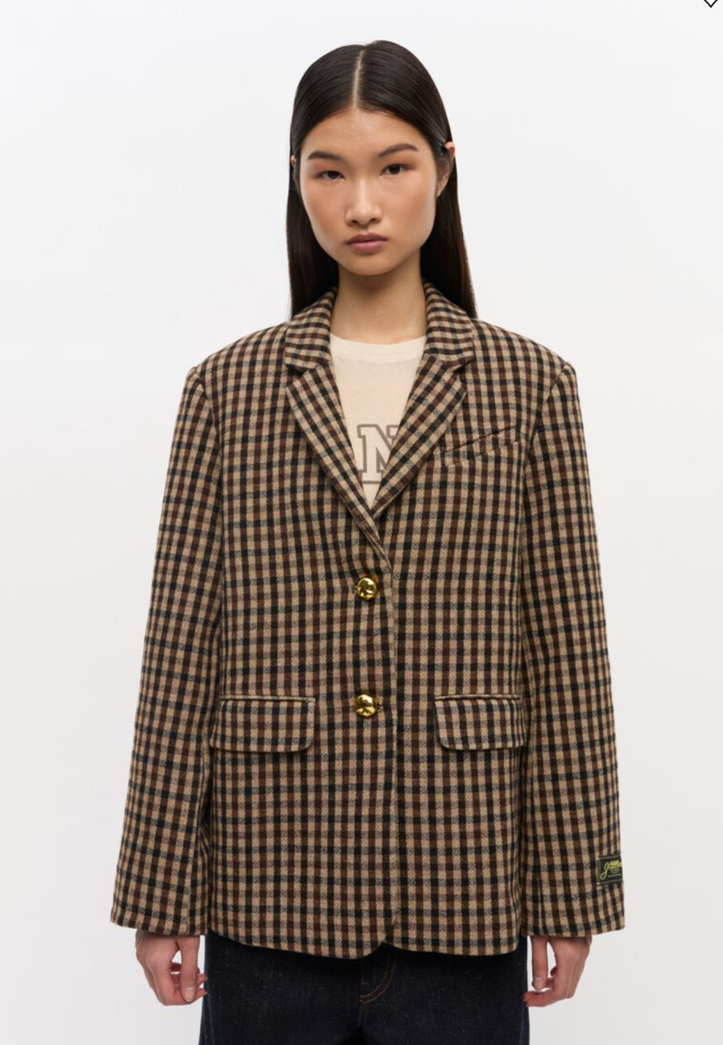 Ganni wool mix oversized blazer rutete brun/sort