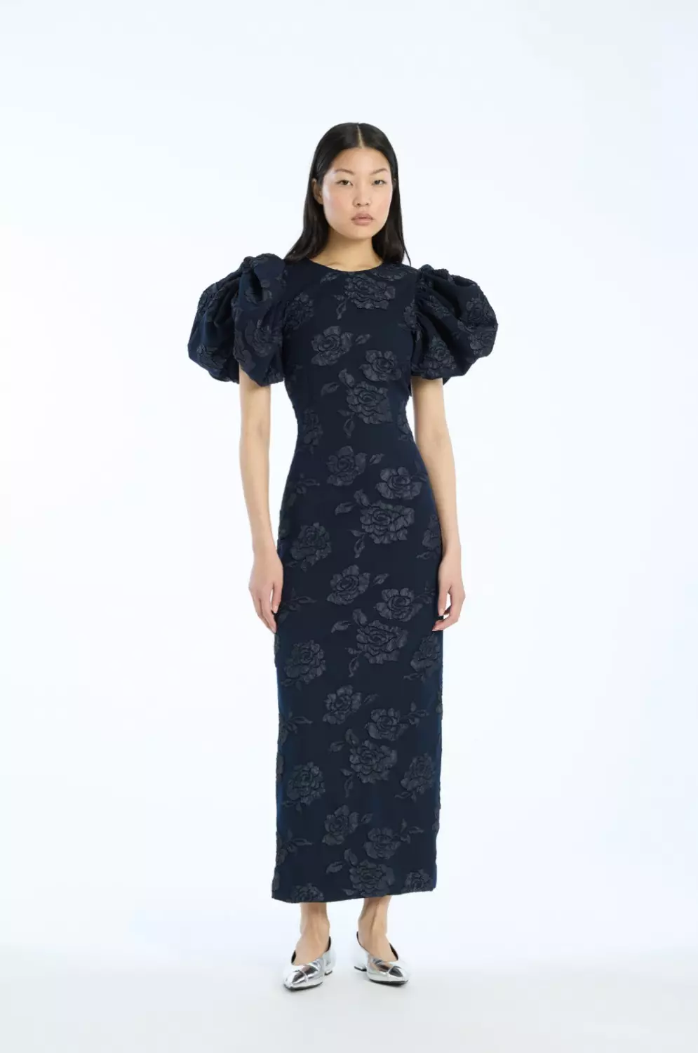 Rotate Jacquard midi puff dress Navy