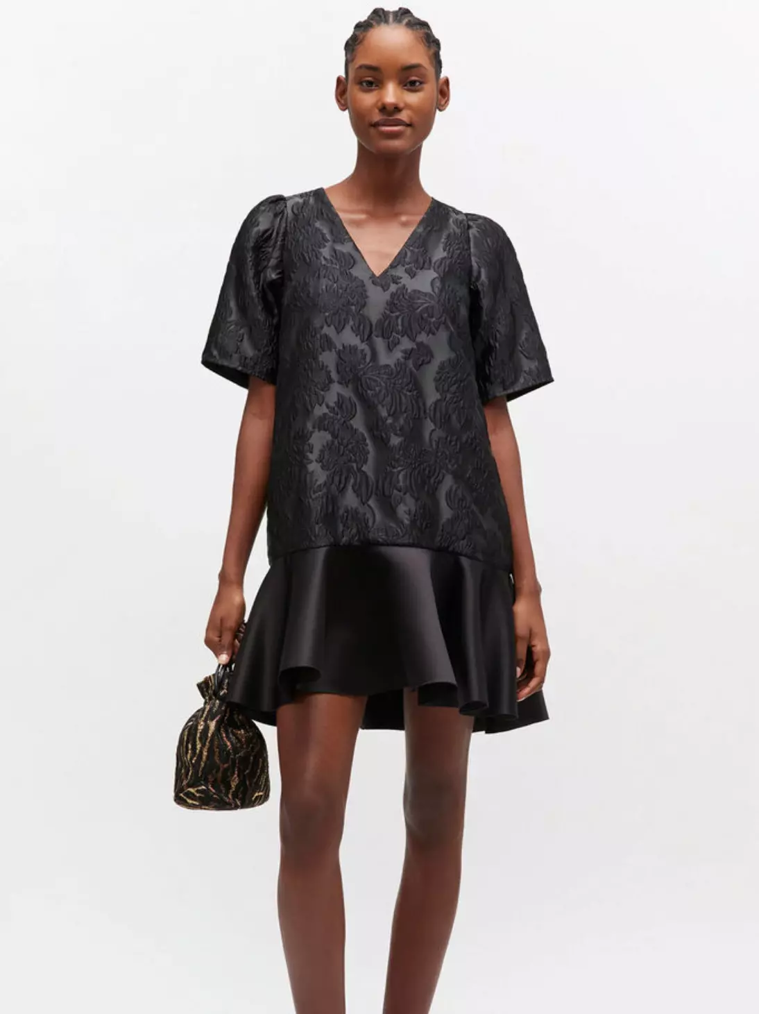 Ganni Cloque mini v-neck dress black