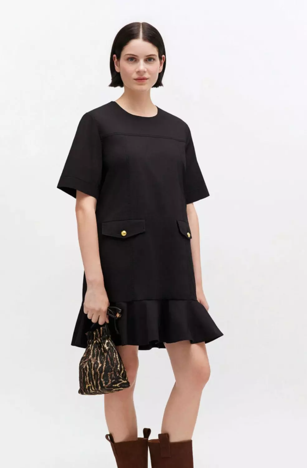 Ganni stretch cotton mini dress w/frill sort