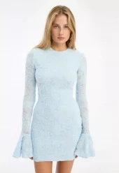 Rotate Mesh Frill Mini Dress Lysblå