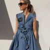 Ganni flower denim puff mini dress