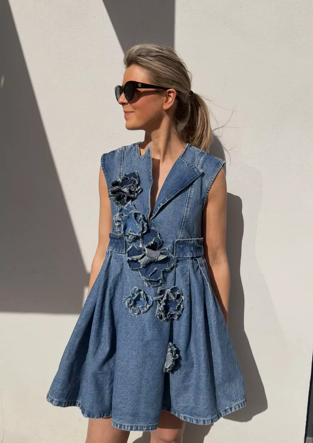 Ganni flower denim puff mini dress