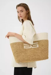 Gestuz Rafia Tote Bag Strå m/ hvitt skinn