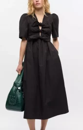 Ganni stretch cotton tie strap midi dress black