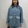 Ganni Patchwork denim midi jacket mid blue vintage