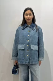 Ganni Patchwork denim midi jacket mid blue vintage