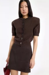 Rotate Frim knit ss cardigan kort arm brun