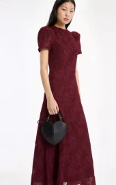 Rotate Flower mesh flared dress burgunder