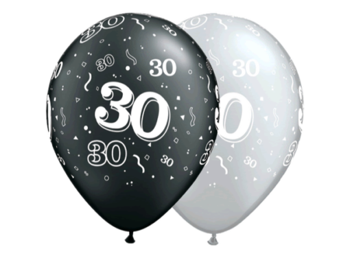 30-around sort/sølv ballonger 6pk