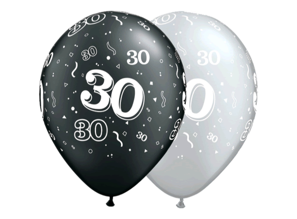 30-around sort/sølv ballonger 6pk