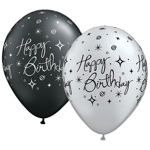 Happy birthday sparkle sort/sølv ballonger 6pk