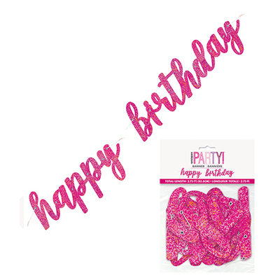 Leddbanner rosa/sølv glitz "happy birthday"
