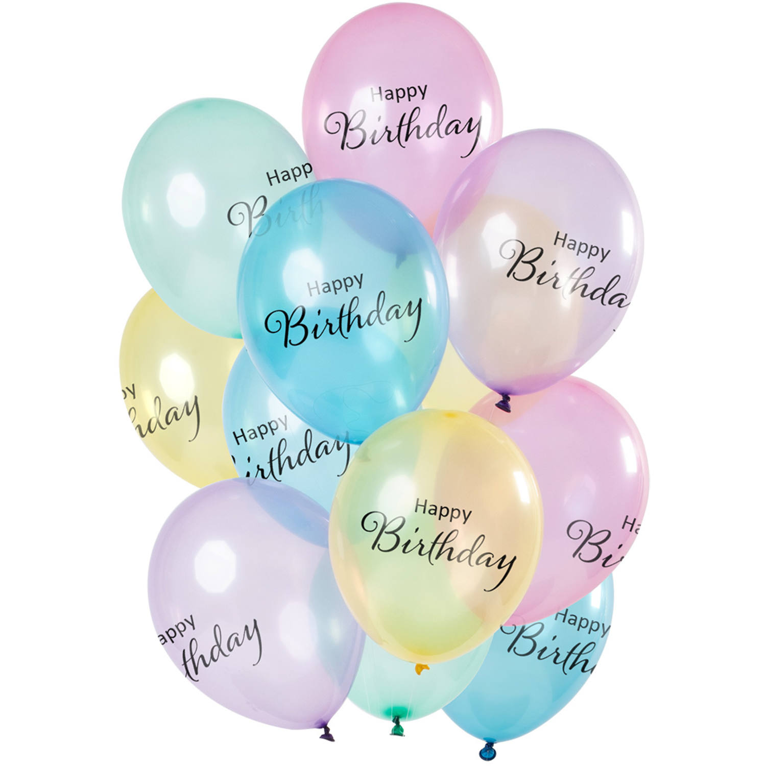 Balloons 'Happy Birthday' Pastel Transparent 12pk 33cm