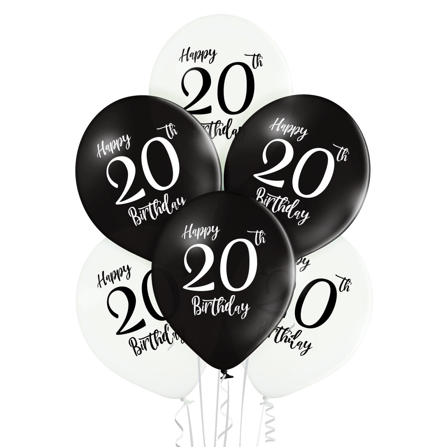 20th birthday ballonger sort/hvit 6pk 30cm Ø