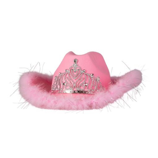 Rosa cowboyhatt med diadem og pelskant