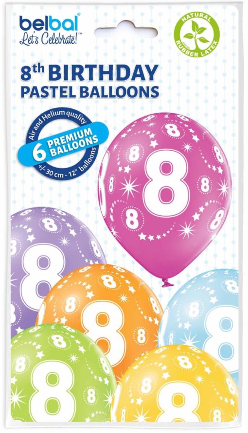 8th birthday pastel ballonger 6 pk