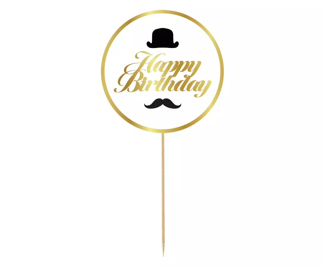 Kaketopp happy birthday mustasje ring hvit 10 cmØ