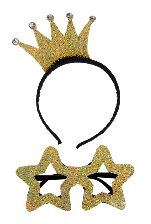 Hodepynt krone og gullbriller