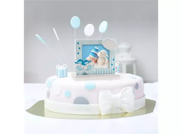 Kakefigur Barnedåp Fotoramme lyseblå barnesko