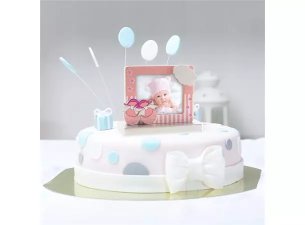 Kakefigur Barnedåp Fotoramme lyserosa barnesko