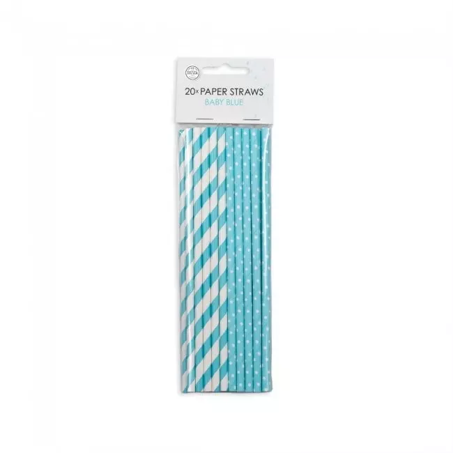 Papirsugerør babyblå striper/dots 20 pk