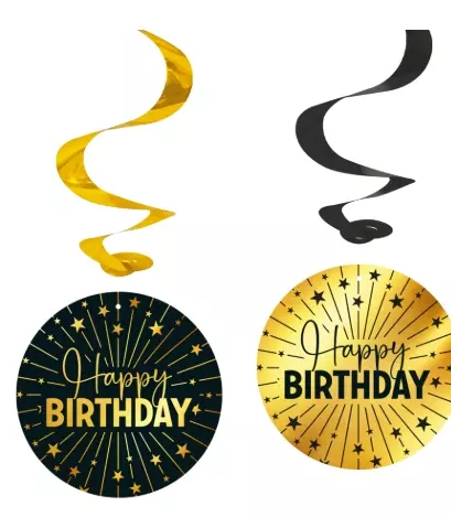 "Happy birthday" swirls decoration golden celebration 4pk