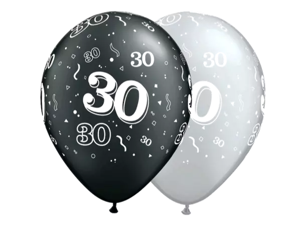 30-around sort/sølv ballonger 6pk