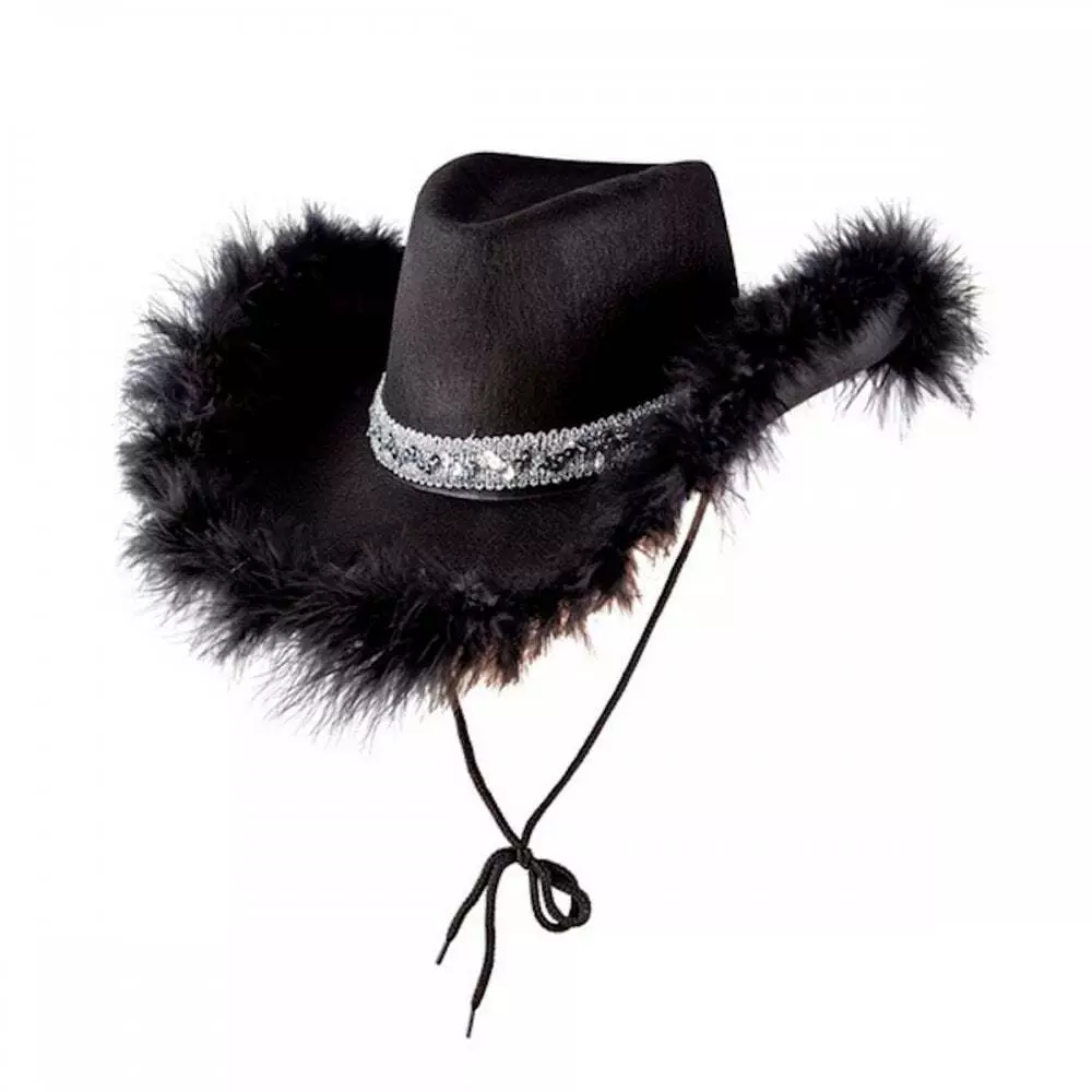 Svart cowboyhatt med pels og glitter