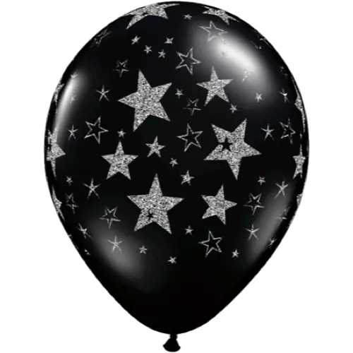 Glitter stars around svarte ballonger 5pk