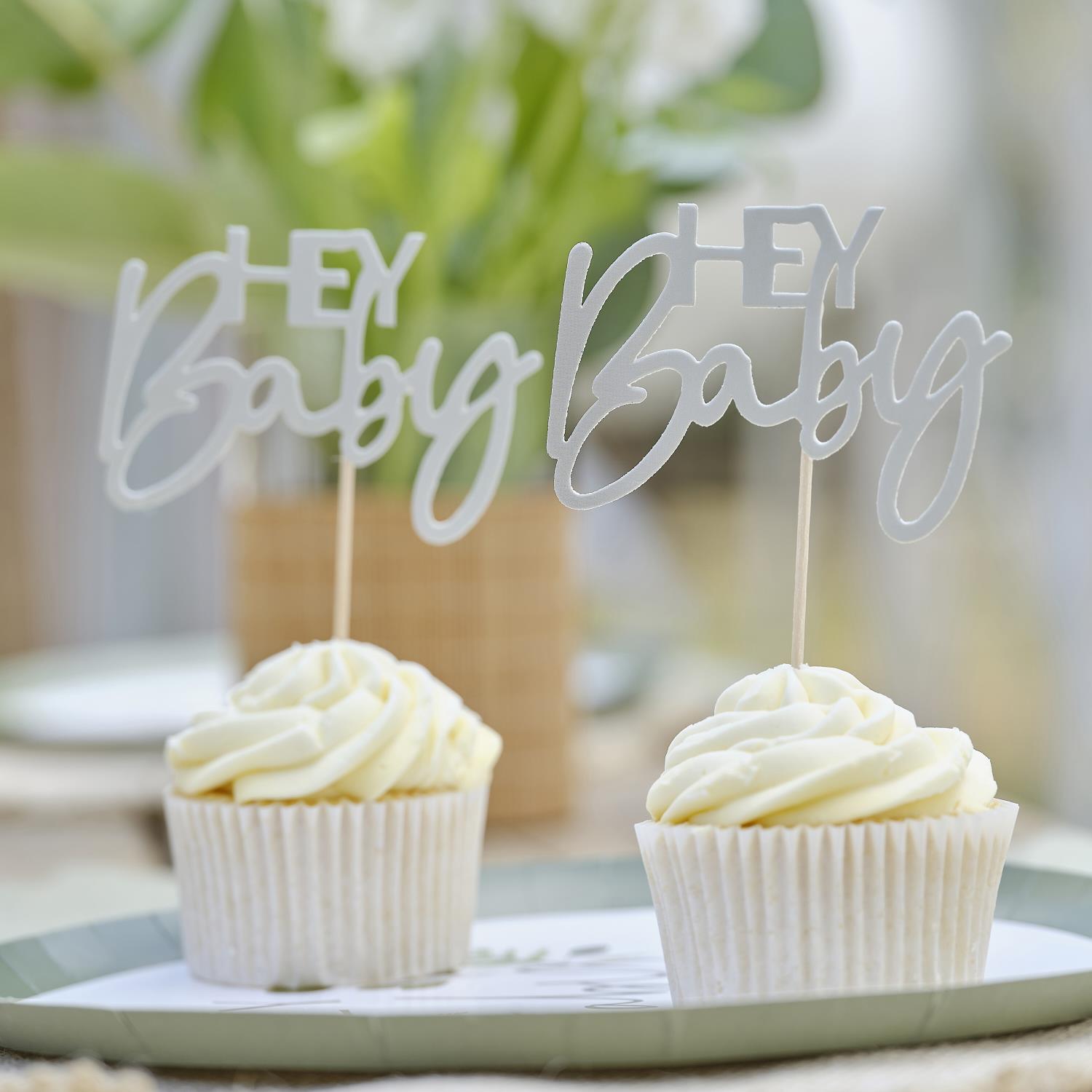 Cupcake toppers Hey baby sage green 12pk