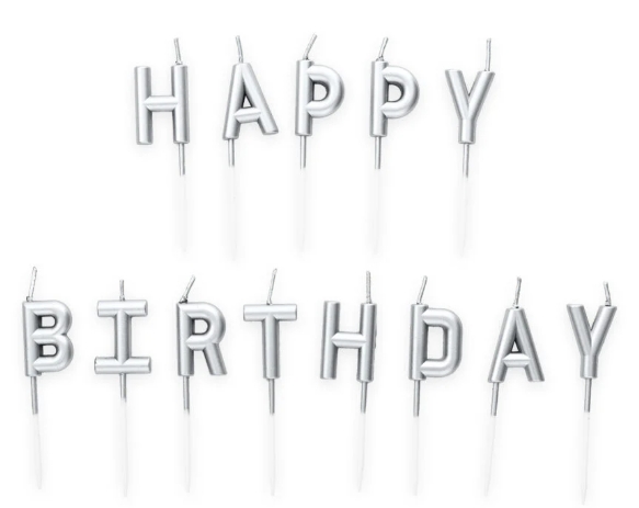 Kakelys-sett happy birthday sølv