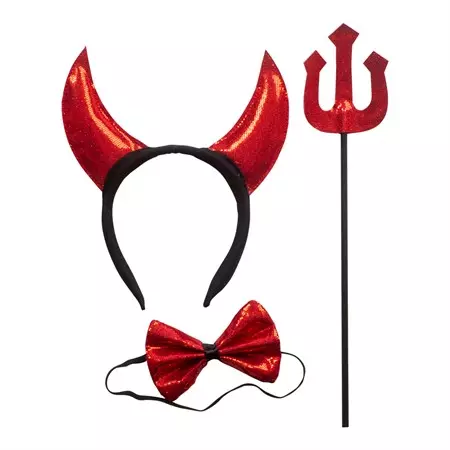 Djevelsett med horn, sløyfe og gaffel
