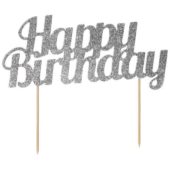 Glitter kaketopp Happy birthday sølv