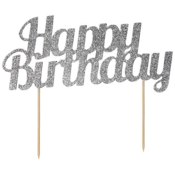 Glitter kaketopp Happy birthday sølv