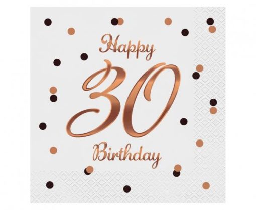 Servietter 30 år Hvit rosègulltrykk 20pk