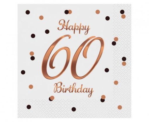 Servietter 60 år Hvit rosègulltrykk 20pk