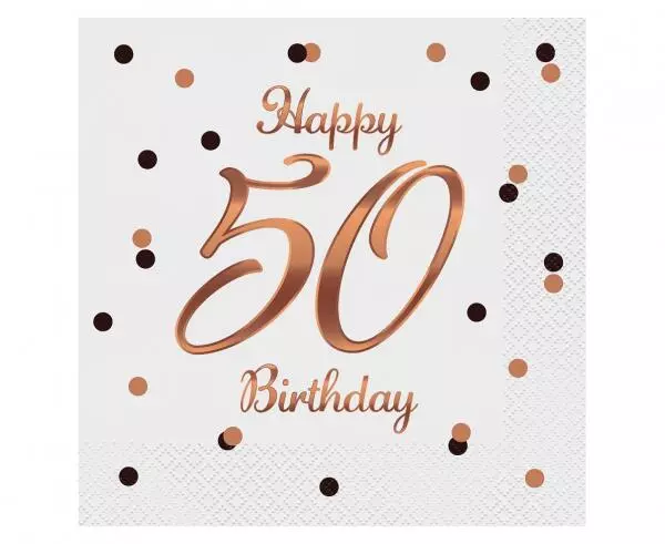 Servietter 50 år Hvit rosègulltrykk 20pk