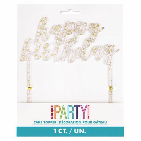 Akryl kaketopp med glitter happy birthday