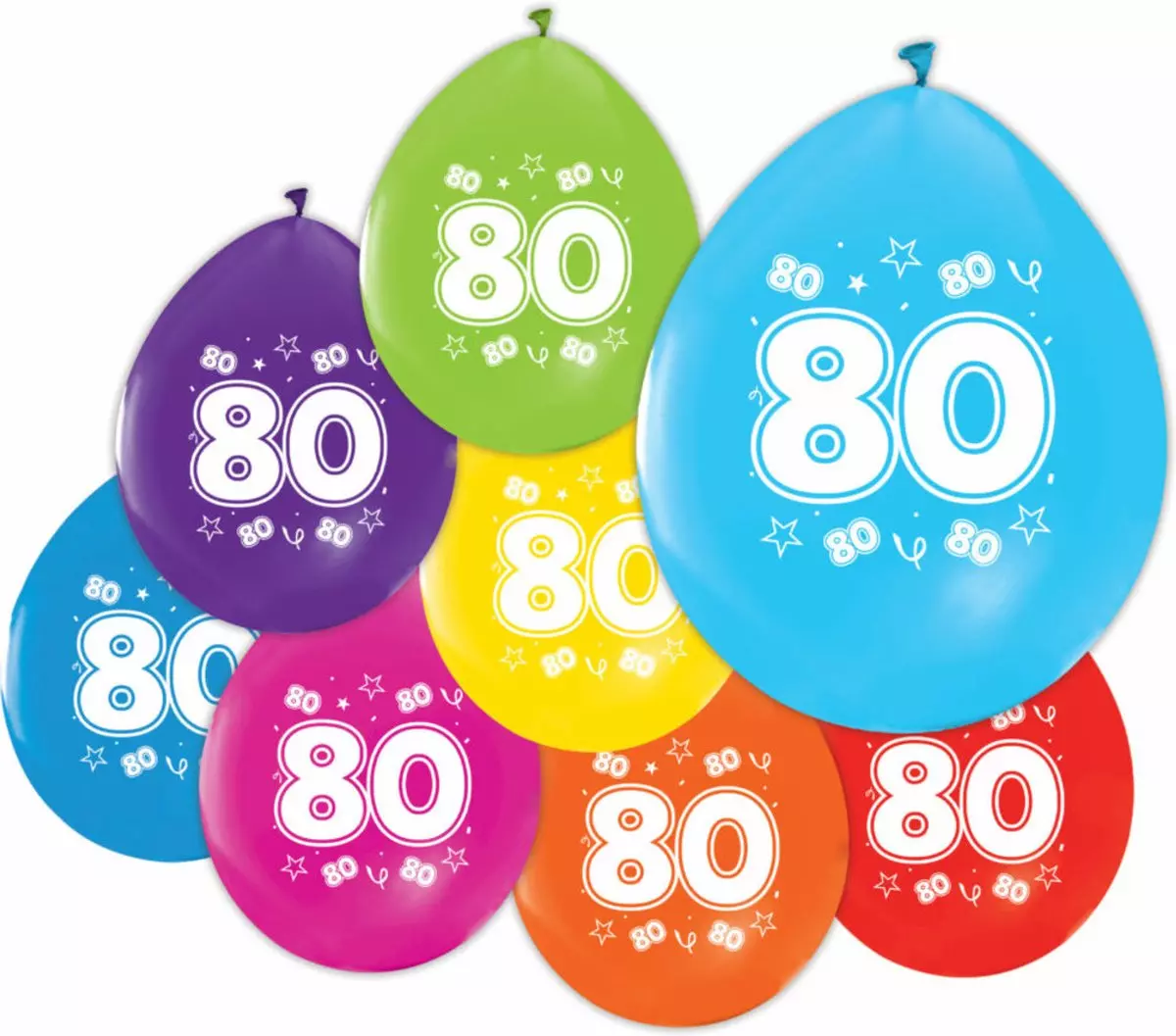 Fargerike ballonger 80 år 8pk