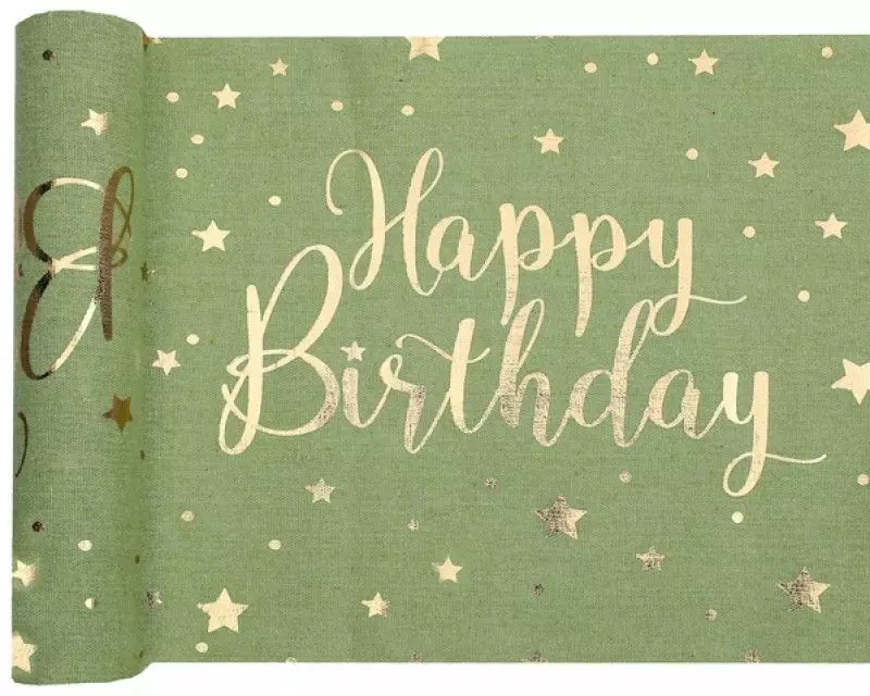 Olivengrønn bord-løper happy birthday 28cm x 3m