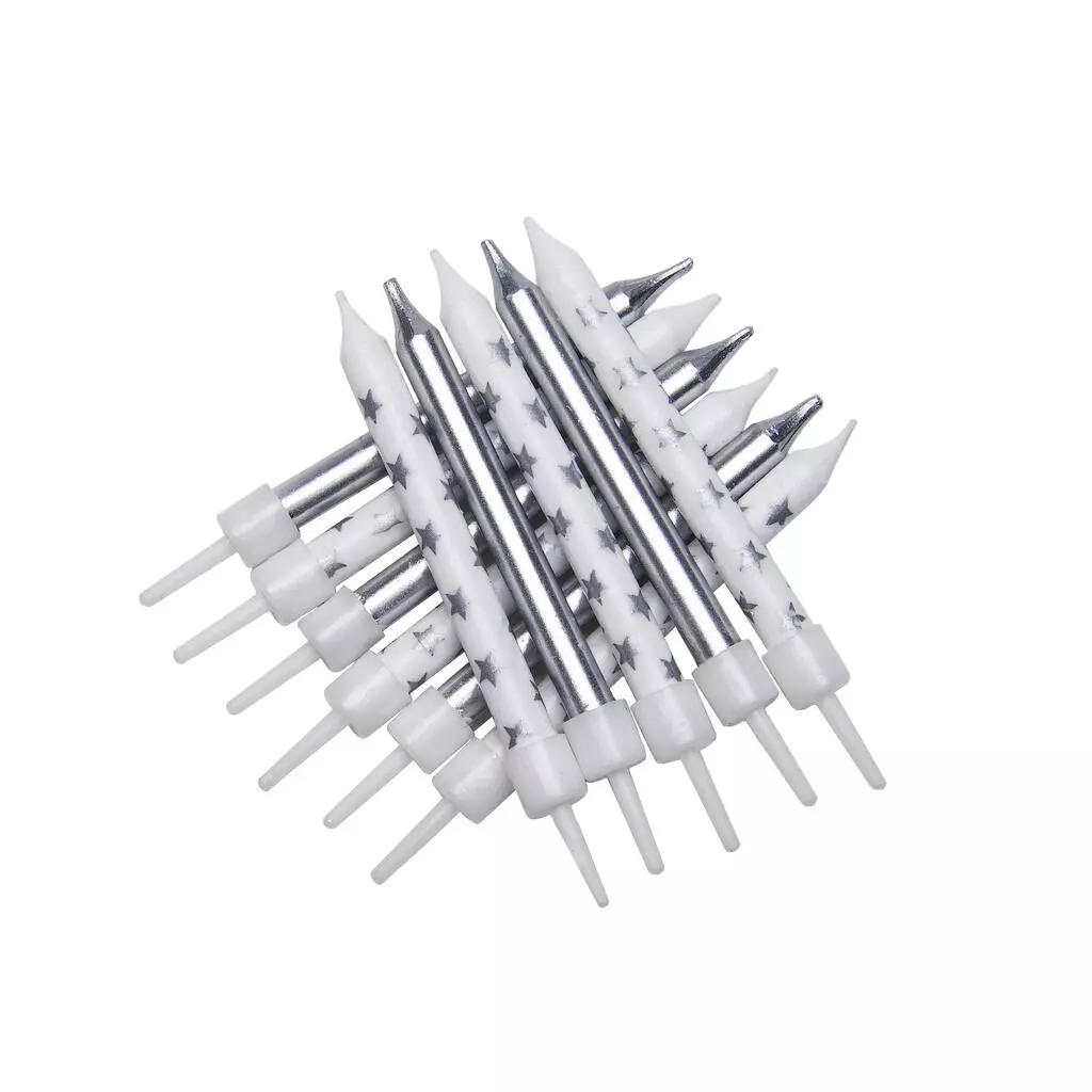 Kakelys Sølv og sølvstjerner mix 12 pk med holdere