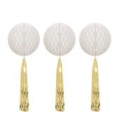 Hvite honeycomb med gulltassel 3pk