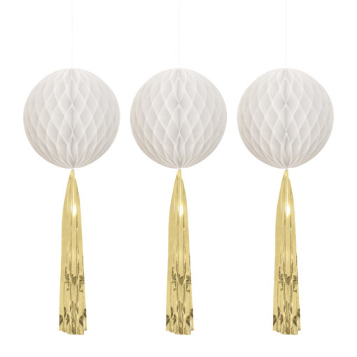 Hvite honeycomb med gulltassel 3pk