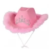 Cowboyhatt med pels og krone rosa