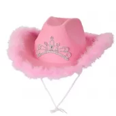 Cowboyhatt med pels og krone rosa