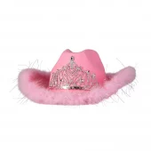 Rosa cowboyhatt med pelskant og krone